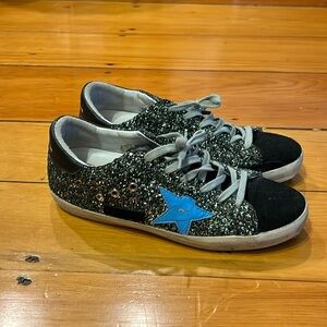 Golden Goose Black Glitter Sneakers with Blue Star